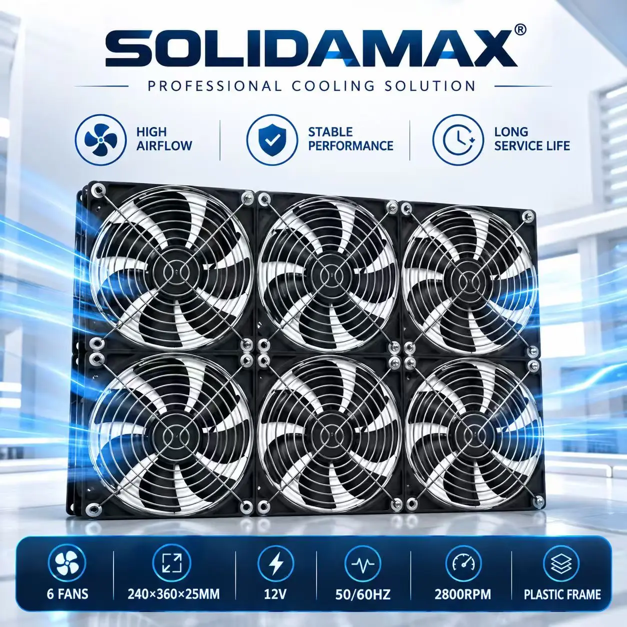 SOLIDAMAX 6 Fans DC 12V 240x360x25mm 2800RPM Server Rack Cabinet Inverter High Airflow Axial Cooling Fan with Metal Guard Grill