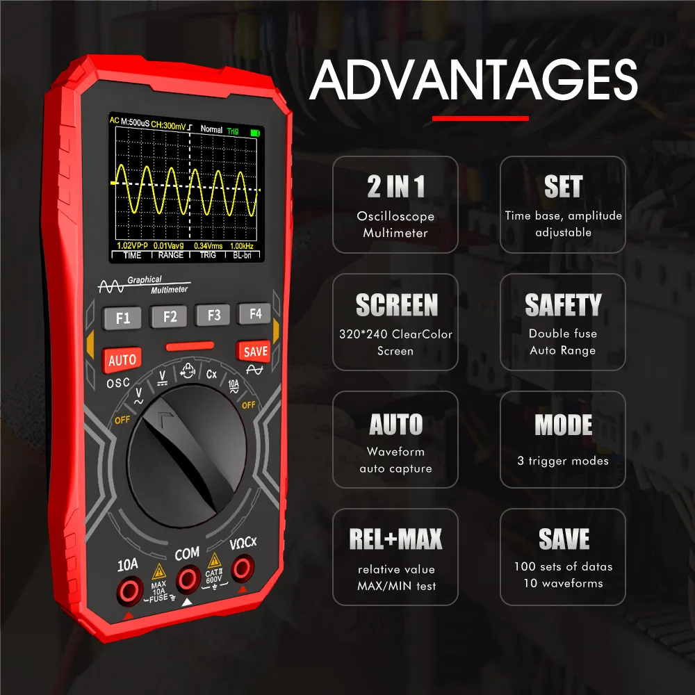 TOOLTOP ET2010A Handheld Smart Oscilloscope 1Mhz 2.5MSps Multi-Waveform Scan AC/DC 600V Digital Multimeter Electrician Tools