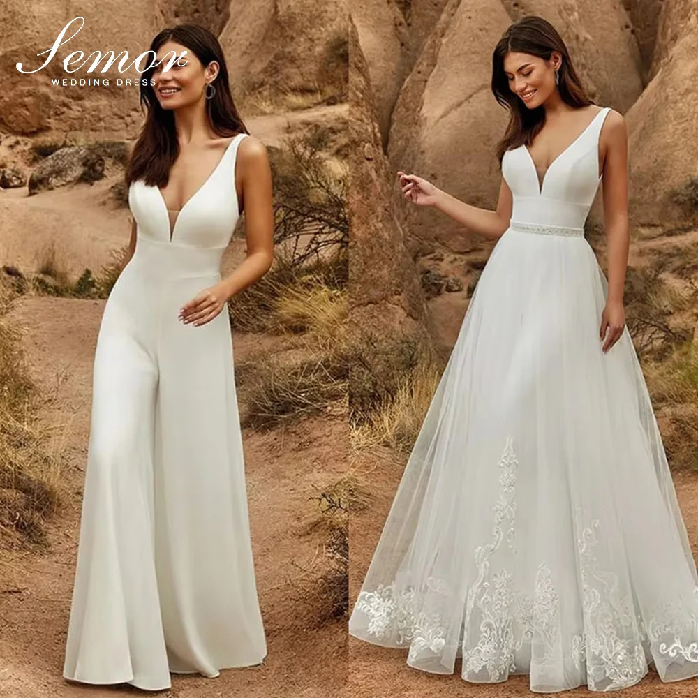 Semor 2 In 1 Wedding Jumpsuit With Detachable Skirt Two Pieces Bridal Dress Pants Suit Women Lace Tulle V-Neck Train Customized