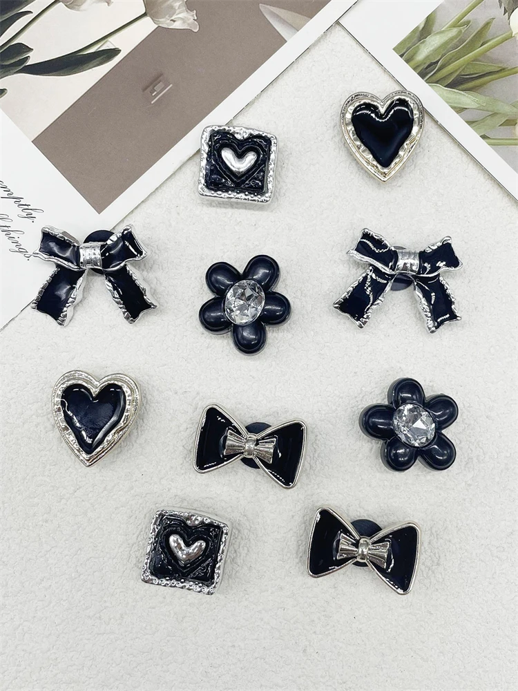 1PC Black Bowtie Shoe Charms ABS Rhinestone Buckle Decorations DIY Adorable Floral Pins Clog Accessories Fit Women Garden Shoes