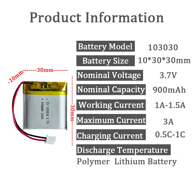 Rechargeable 103030 3.7V 900mAh Li-Po Battery Lithium with jst PH 2.0mm 2pin plug For GPS MP3 MP4 Driving Recorder