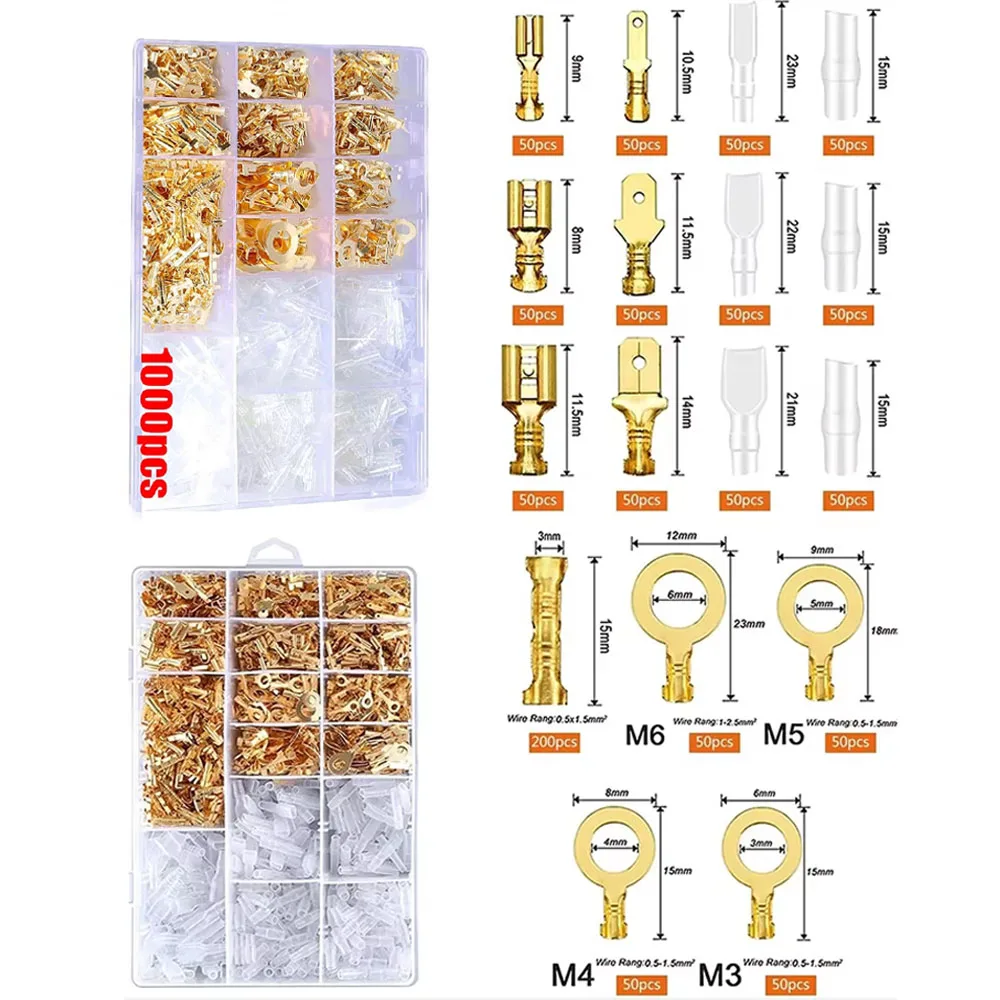 1000 Pcs 2.8/4.8/6.3 Mm Splice Crimp Terminals Male Female Wire Spade Connector Crimp Terminal Block With Insulating Sleeve Kit
