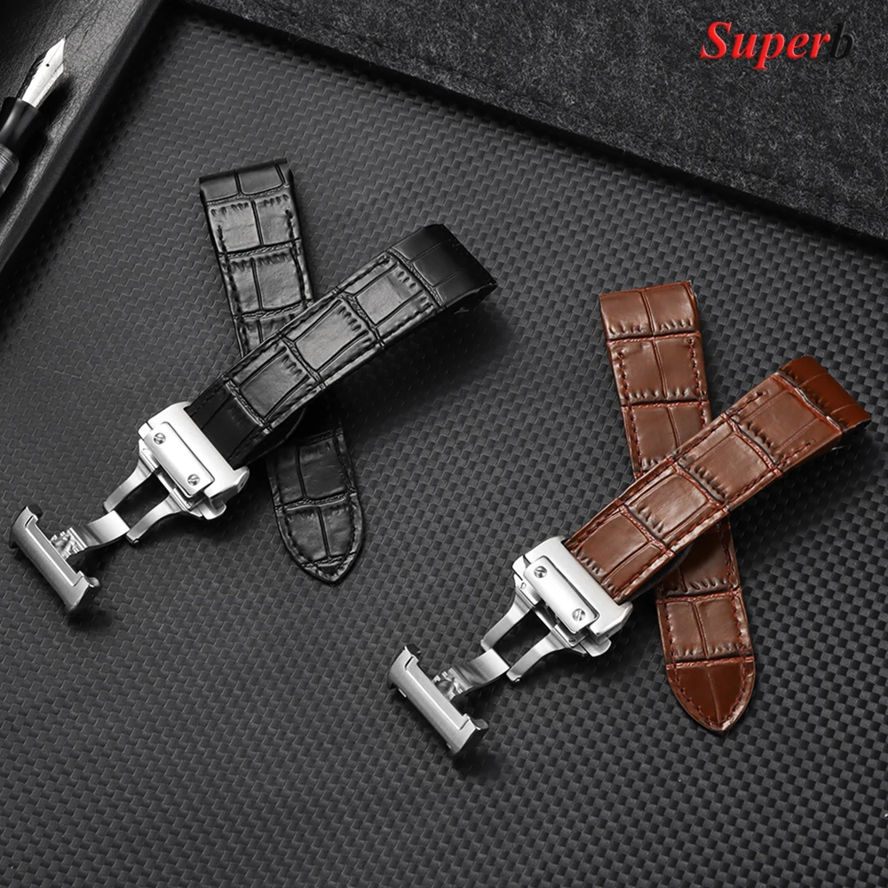 

High Quality Cowhide Watch Strap 20mm 23mm for Cartier Santos Strap Santos 100 for Men Women Waterproof Folding Buckle Strap