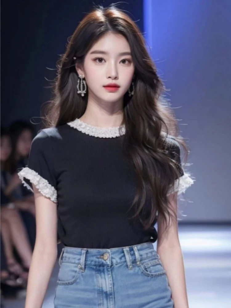 Bla camiseta de madeira feminina verão ort sve topo coreano sle corte reto cor pura commute faion sensação legal