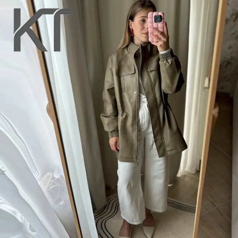 

KT Authenti High Quality Women's Faux Leather Jacket Drawstring Waist Pocketed Stand Collar Utility Jackets