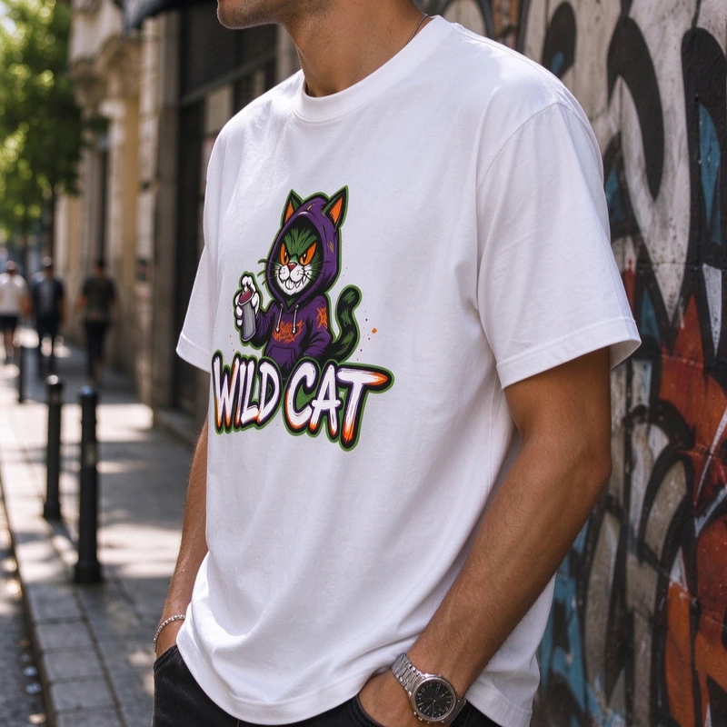 Hip Hop Streetwear Wild Cat Cartoon Graffiti Graphic T Shirt Men Casual Short Sleeve Spray Paint Cat Tee Harajuku Y2k Top