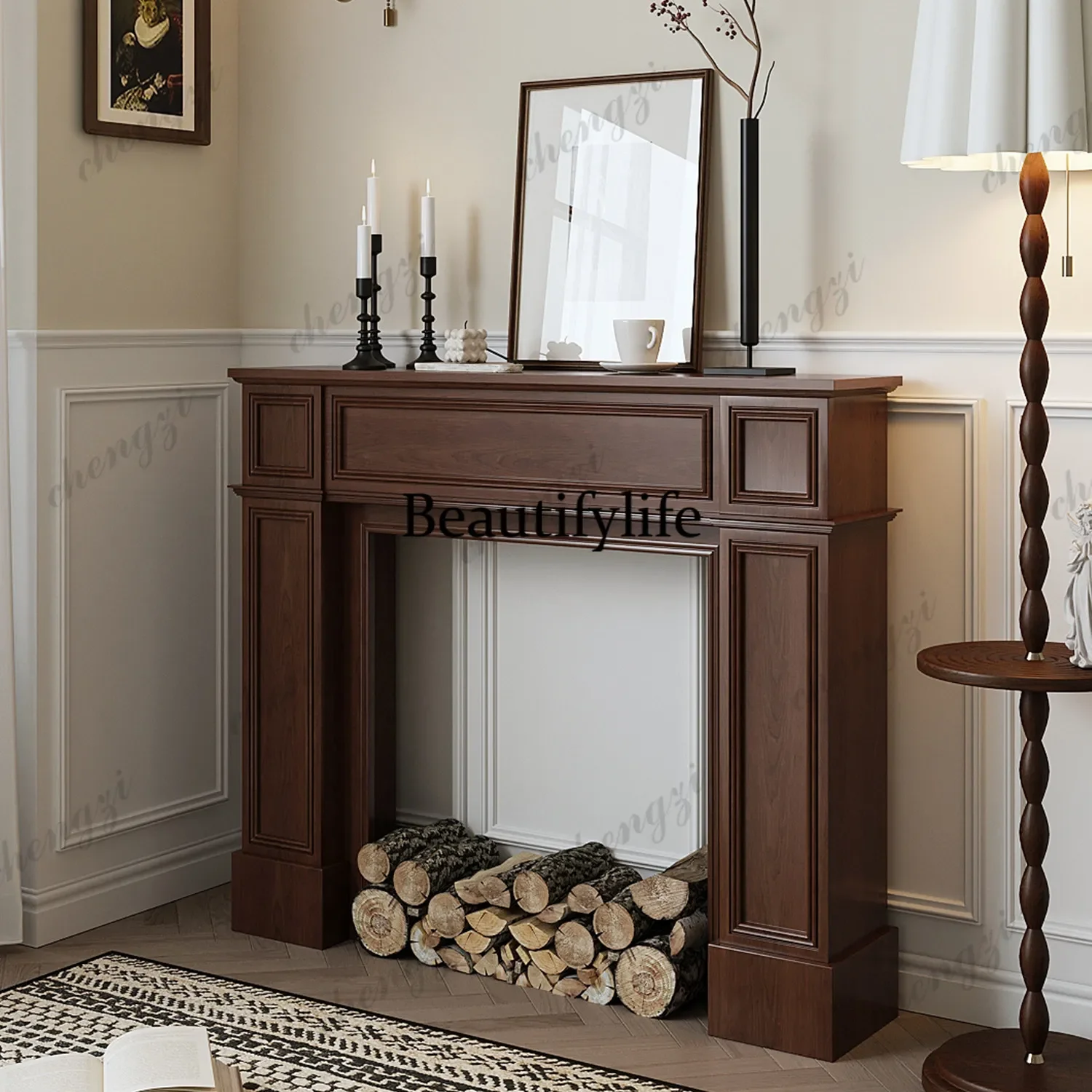 B567  French retro fireplace decoration, living room side cabinet, live stream background display walnut color