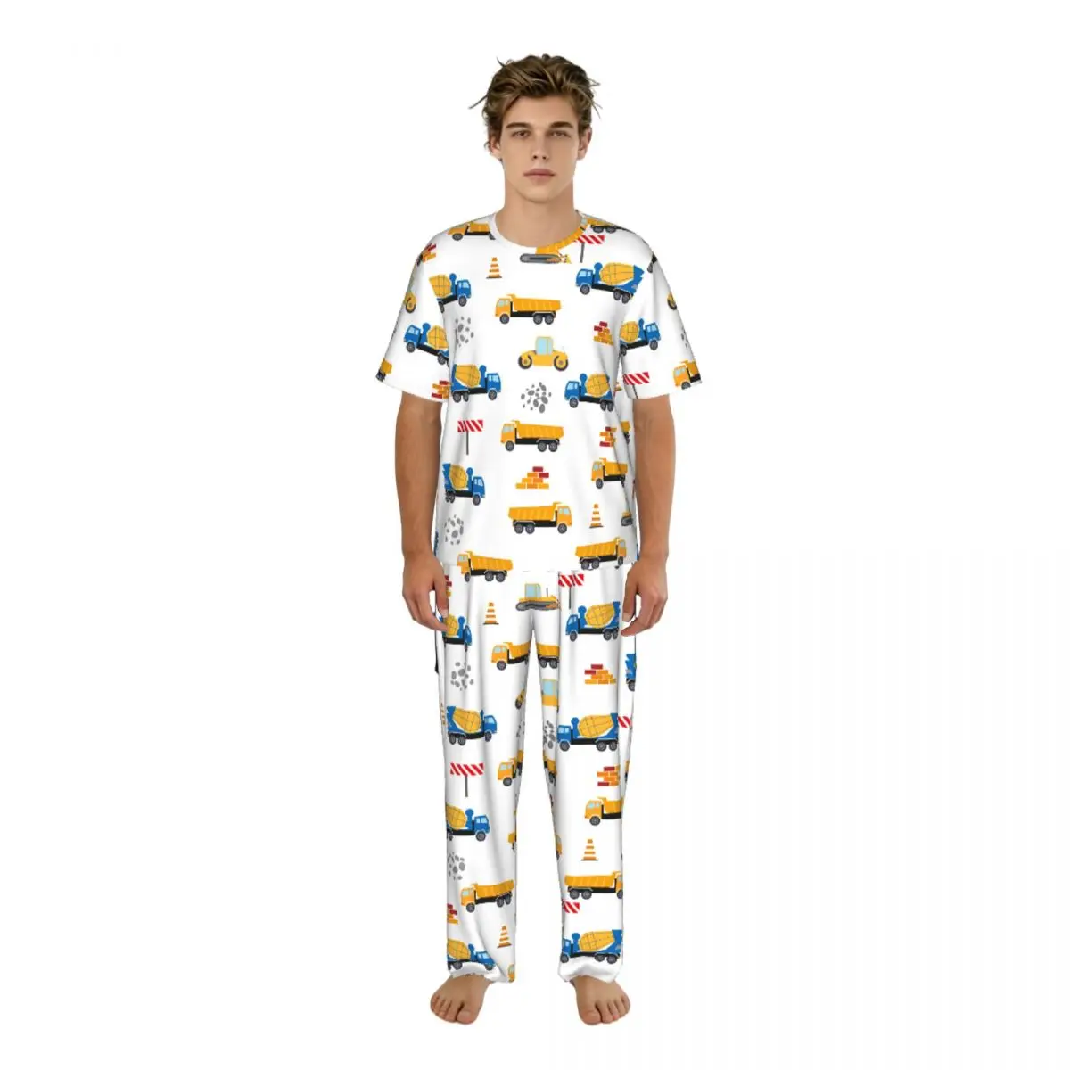 Men Pajamas Set Car Dump Truck Crane Short Sleeve Spring Summer Lounge Sleepwear Male Nightwear