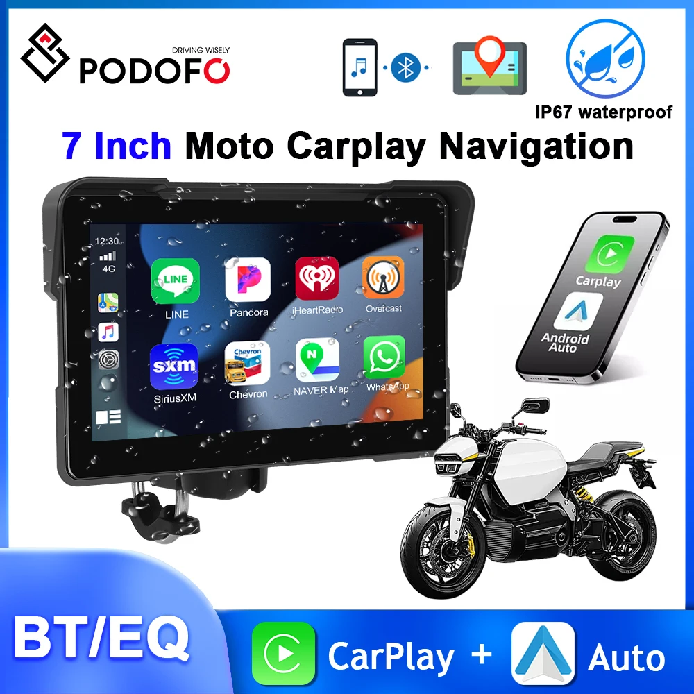 Podofo 7'' Motorcycle Carplay Android Auto Navigation GPS Motorcycle DVR Bluetooth EQ IP67 Waterproof Airplay Android Cast 12V