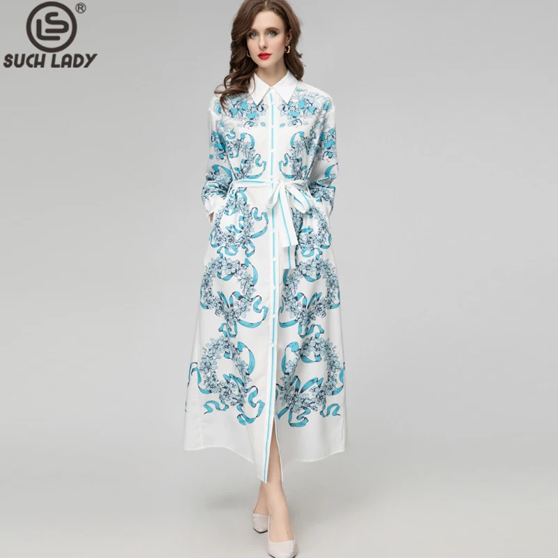 

Women's Runway Dresses Turn Down Collar Long Sleeves Single Breasted Printed Fashion Casual Vestidos