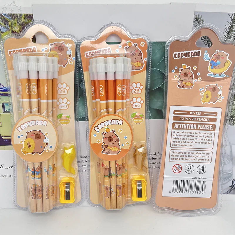 1Set Cartoon Cute Capybara HB Pencils Pencil Sharpener Eraser Stationery Set Student Writing Drawing HB Pencils Sketch Pens