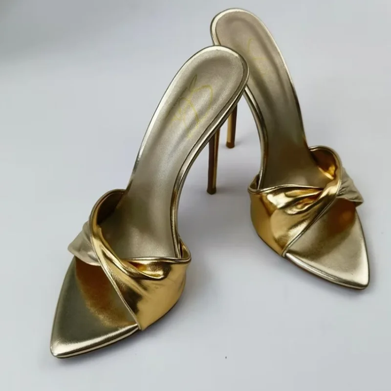

Modern Pleated Pointed Toe Women Mules Shoes Silver Gold Metallic Leather Cover Heels Slip On Summer Sandals Drop Shipping