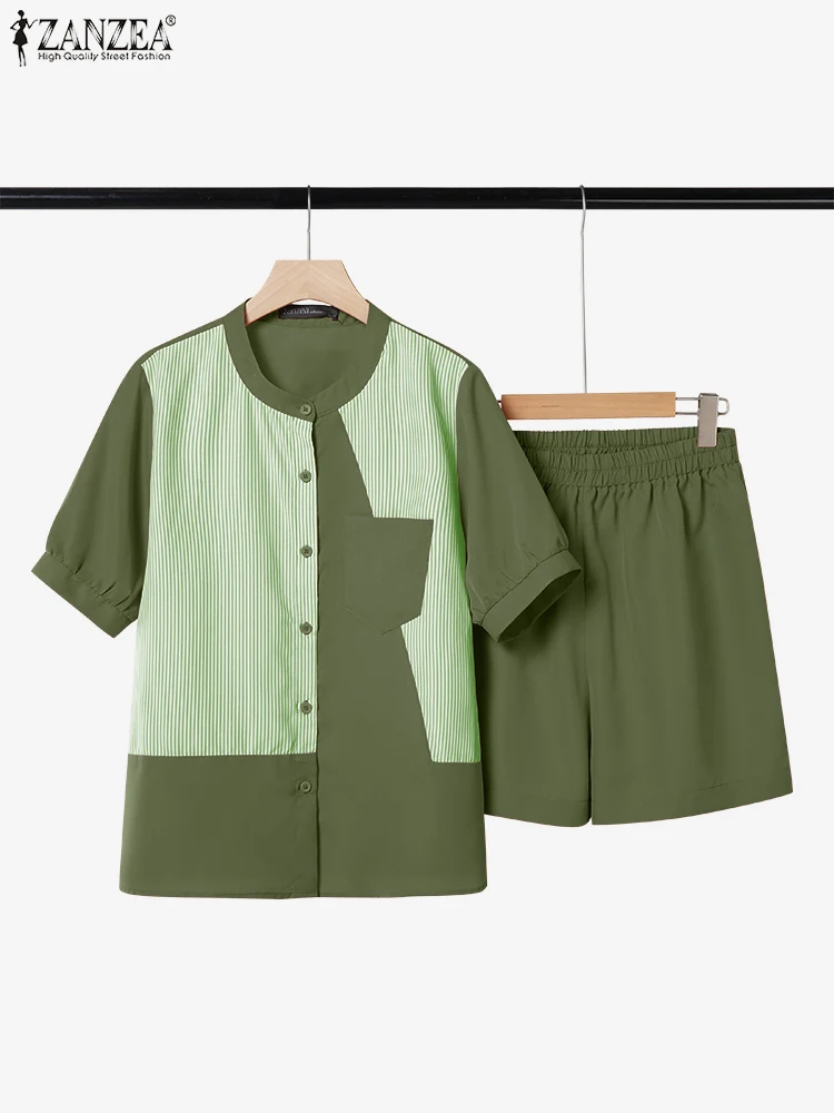 

ZANZEA модные женские элегантные полосатые короткие комплекты в стиле пэчворк, рубашка с короткими рукавами, шорты, 2025 г., повседневная летняя одежда из двух предметов