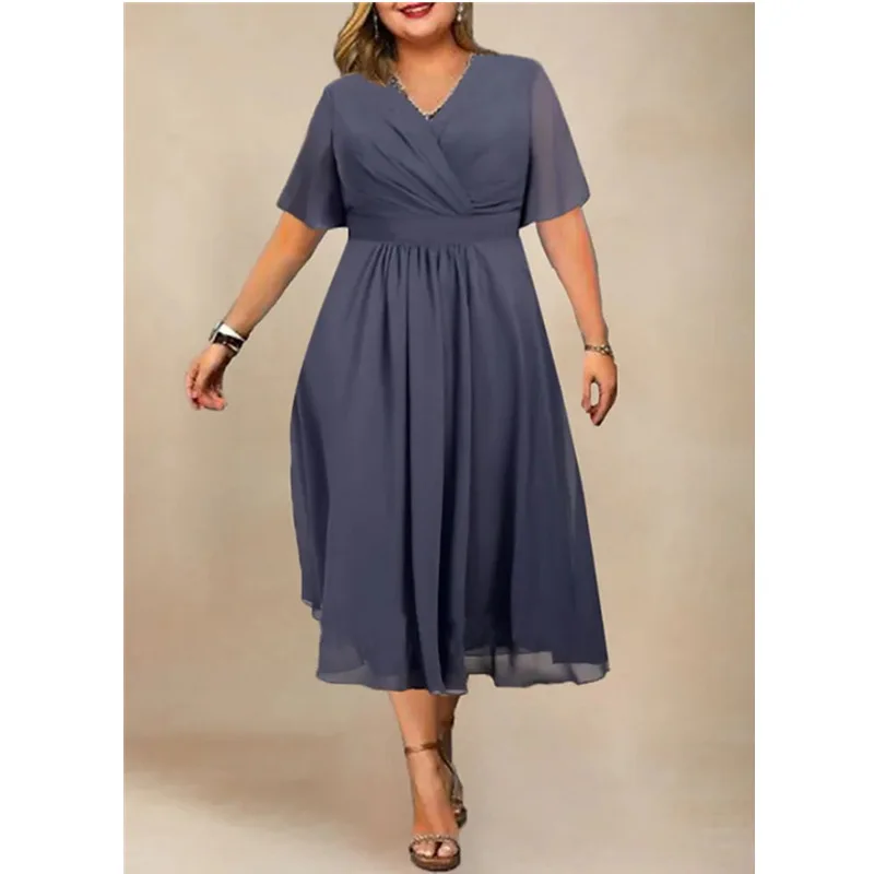 2024 Plus Size Solid Color Dresses Fashion V-Neck Wrinkled Short Sleeve Summer Sexy Holiday Casual Dress Temperament Elegant