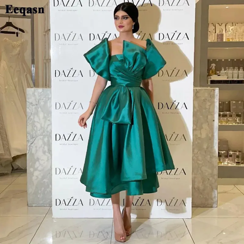 Aleeshuo Classic Green Long Prom Dresses Square Collar With Bow Short Sleeve Arabic Women Evening Gowns Ankle-Length Party Dress