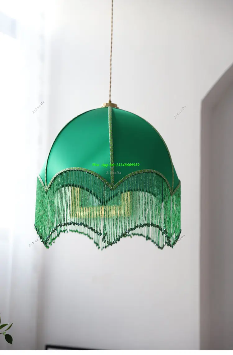 Vintage Jadeite Green Fringed Chandelier American French Vintage Dining Room Bedroom Fabric Decorative Lamps