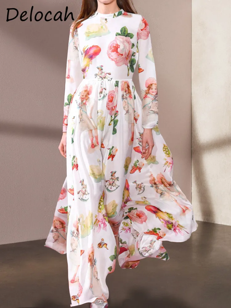 

Delocah High quality Summer Women Fashion Designer Long Dress Stand Collar High Waist Vintage Floral Print Trim Shirred Dresses