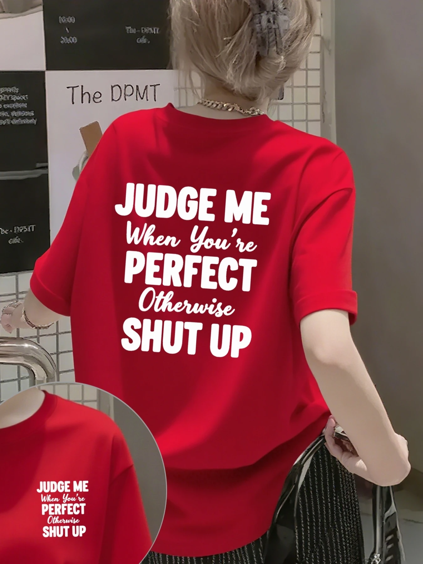 T-shirt avec slogan « Jugez-moi quand vous êtes parfait » pour femmes - Impression recto-verso avec citation amusante, haut à manches courtes et col rond