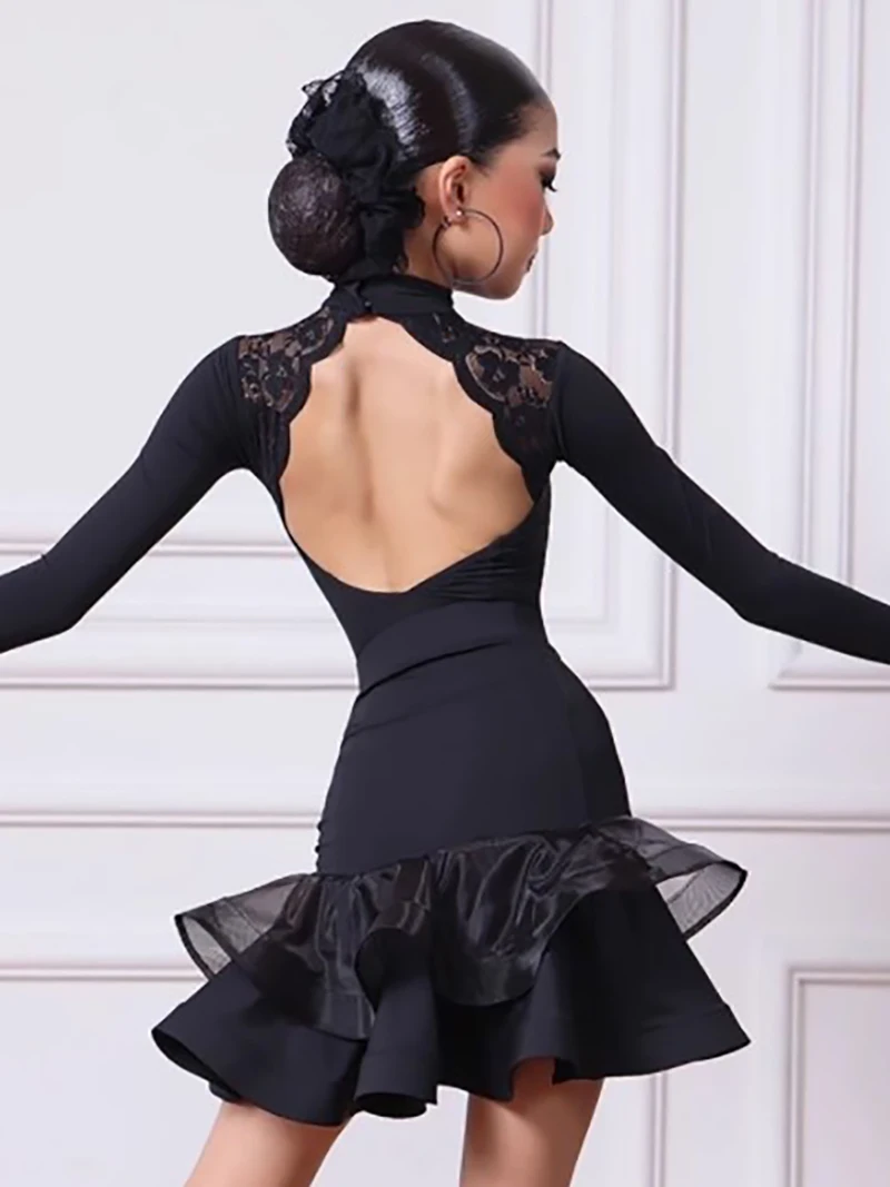 

Kids Girls Latin Dance Uniform Long Sleeve Mesh Backless Competition Dress Grading Split Suit Women Ballroom Dancewear Costumes