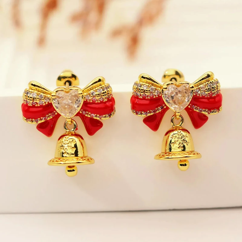 

Christmas Series Heart Glass Red Hand-painted Enamel Bow Tie Bell Highend Autumn Winter Snowflake Red Earrings New Year Earrings