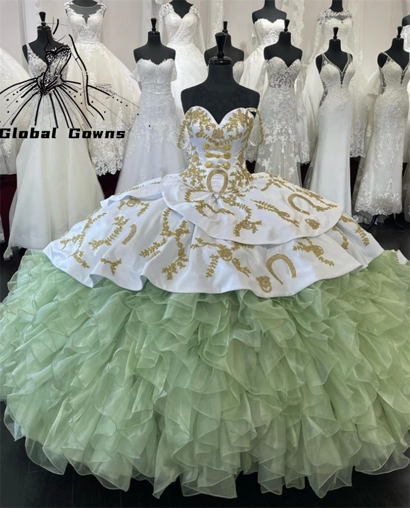 

Mexico Green Ruffles Ball Gown Quinceanera Dresses Appliques Long Prom Dress Tiered Birthday Party Vestidos De 15 Años