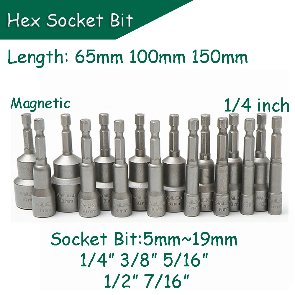 

65~150mm Length Hex Socket Bit 5mm~19mm Electric Drill Wrench Sleeve 1/4 in. Hex Shank Impact Socket Adapter for Power Tools