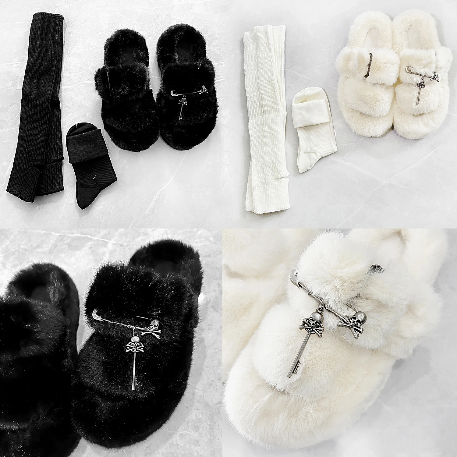 Warm Thick Bottom Platform Slippers Socks Covers Skeleton Black Metal Pin Cream Color Fall Winter Matching Furry Clogs