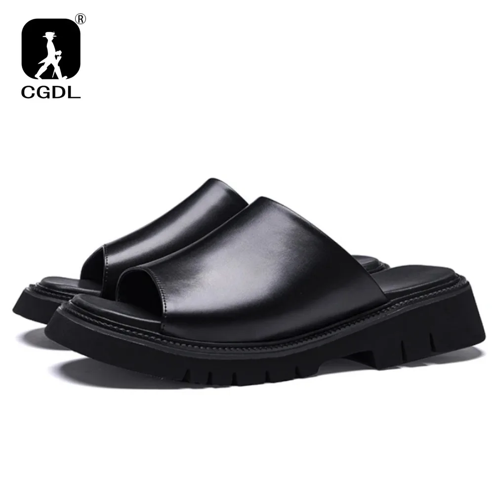 Real Leather Mens Slippers Platform 4cm High Heels Luxury Genuine Leather Quality Brand Handmade Outdoor Business Slippers Shoes