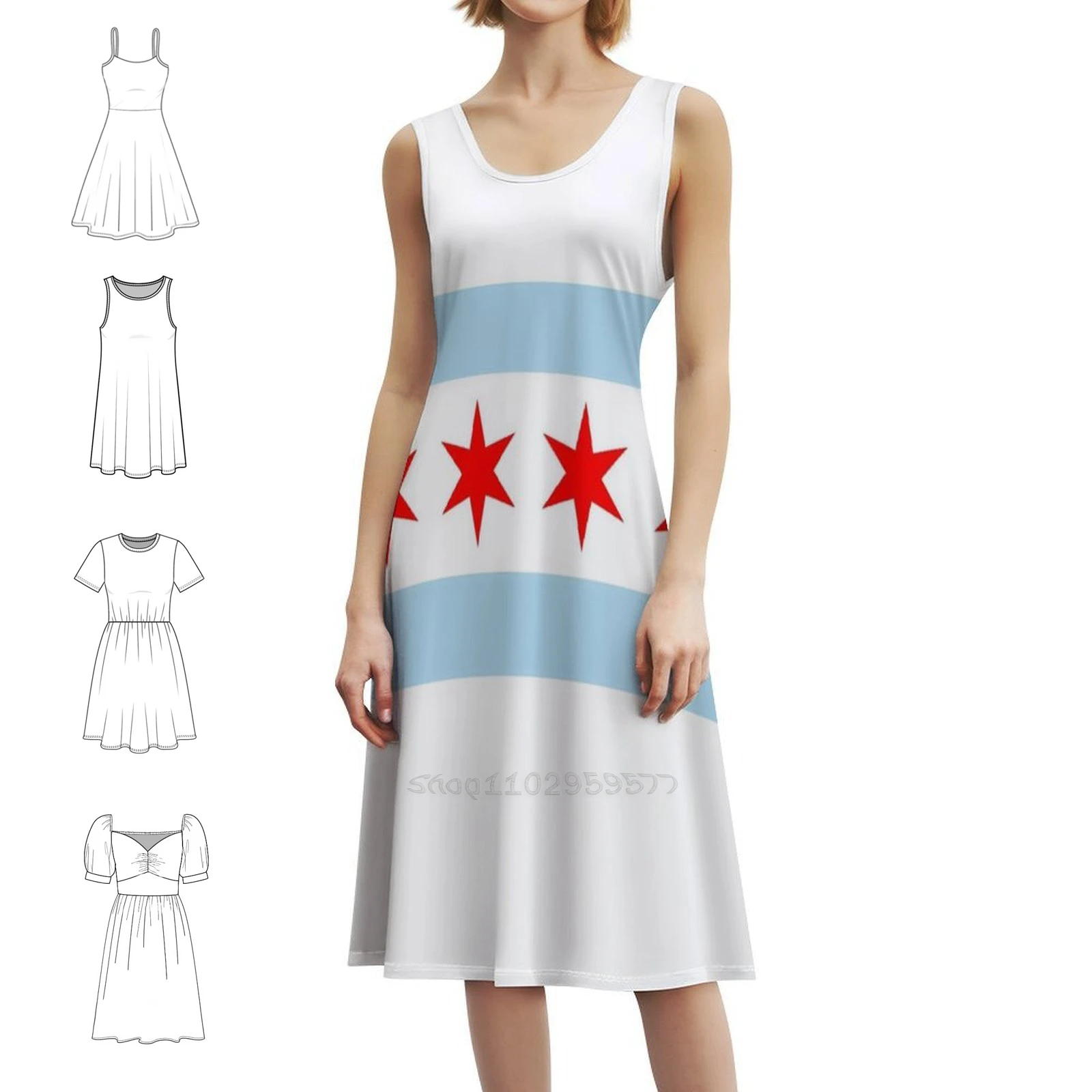 علم شيكاغو فستان بوهيمي عتيق بأكمام منتفخة أو خيارات بلا أكمام للنساء فستان شيكاغو علم شيكاغو إلينوي شيكاغو