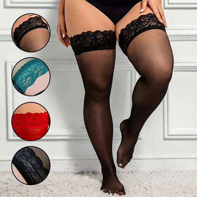 Plus Size Women Thigh High Stockings Ultra Thin Lace Silicone Stay Up Sexy Long Silk Socks 40-100kg