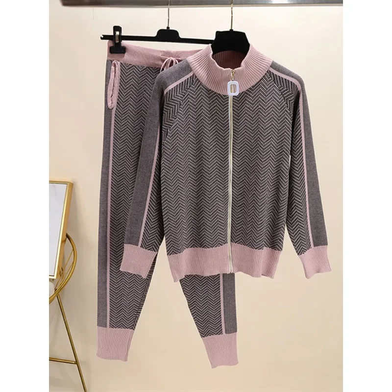 

Winter New Tracksuit Woman Color Patchwork Turtleneck Zipper Knitted Cardigans+Pants 2PCS Sets Long Sleeve Knit Top Trouser N438