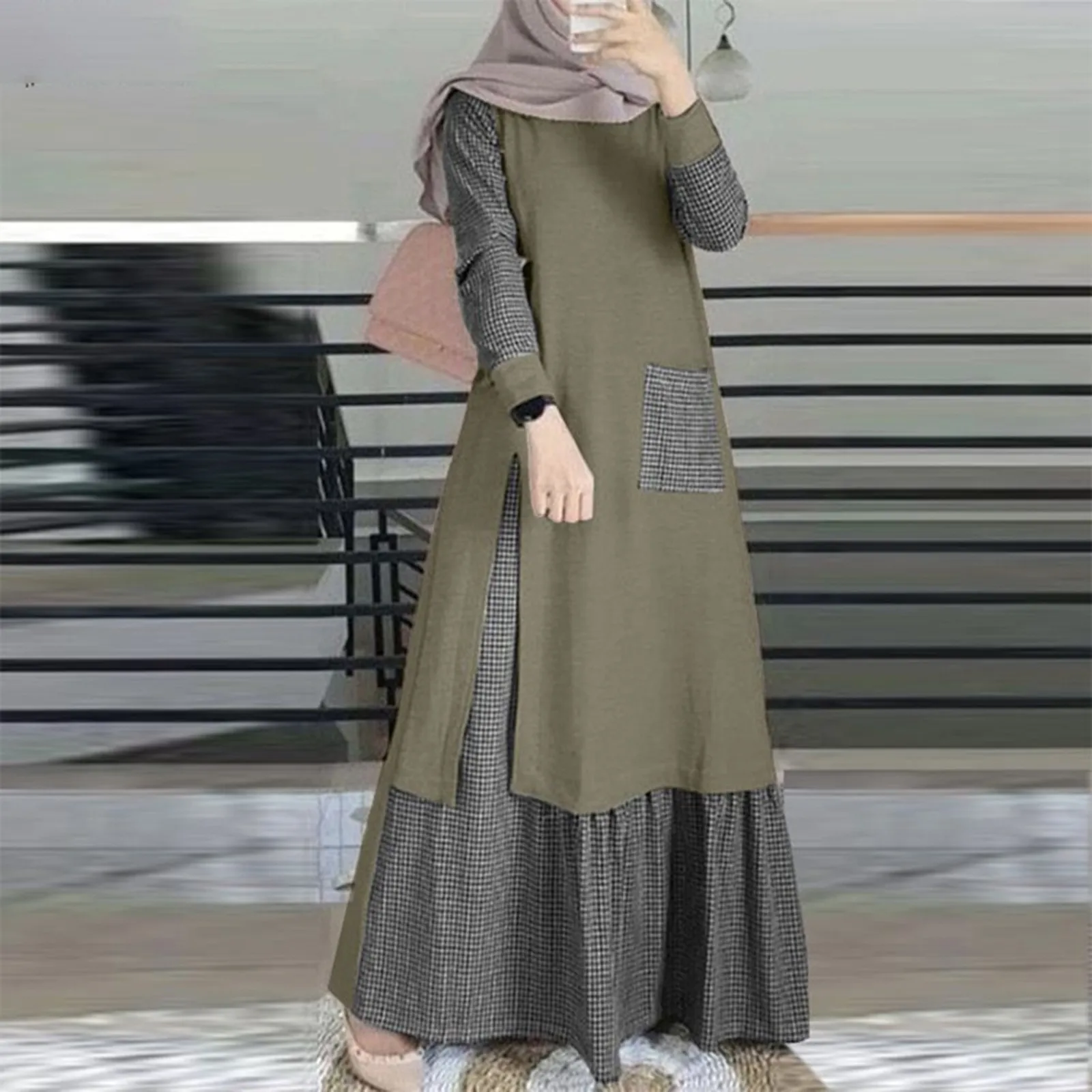 Muslim Women's Creative Grid Patchwork Long Sleeve Round Neck Hem Long Dress Fashion Elegant Temperament A-line Dress