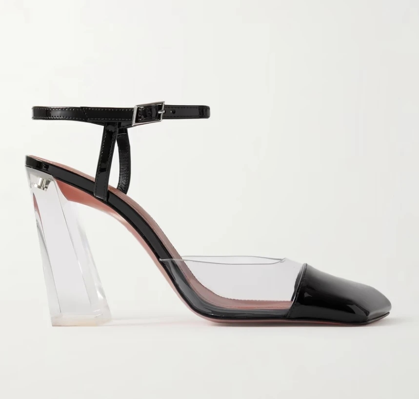 

Angular Square Toes Block Heels 95mm PVC And Patent-Leather Slingback Pumps