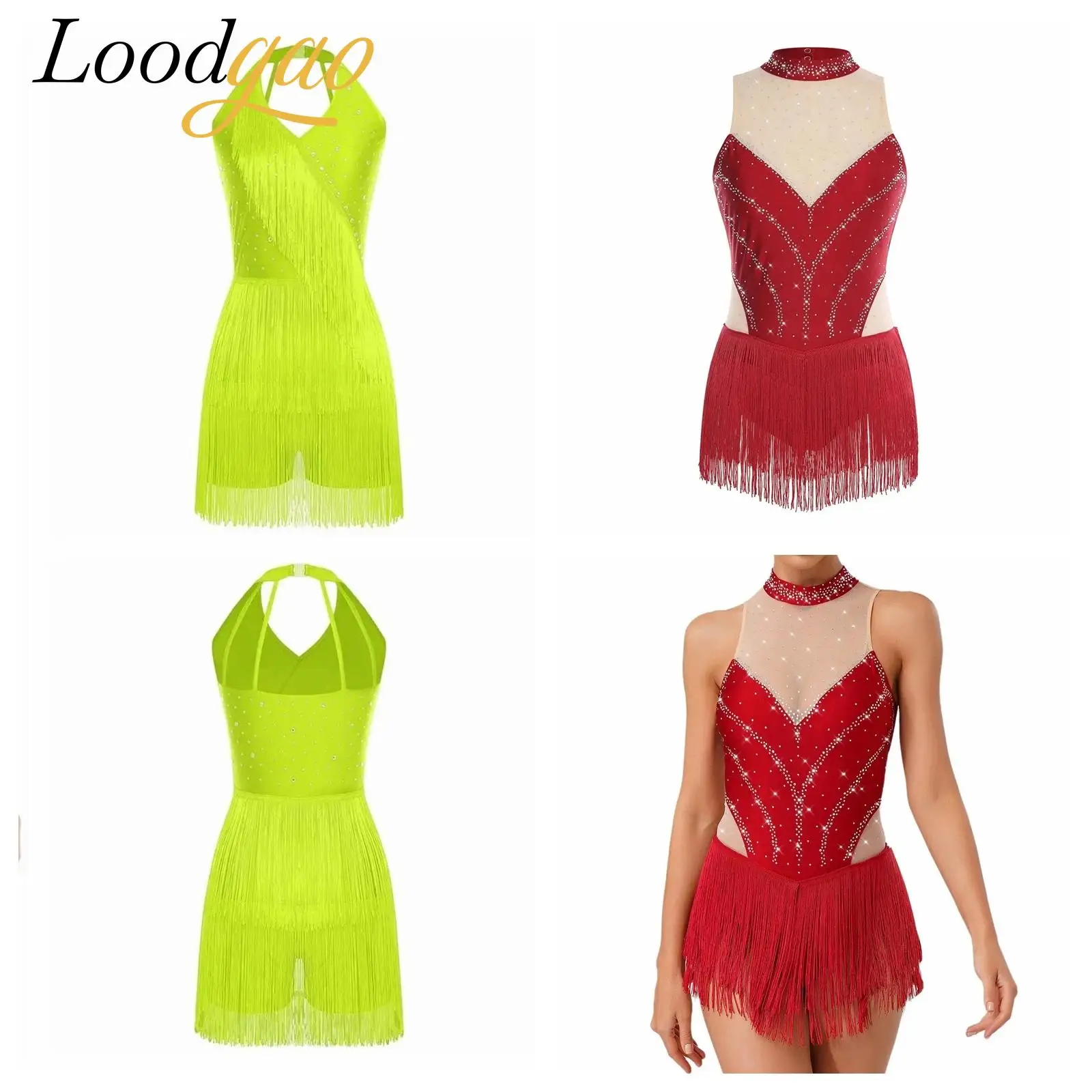 

Women Tango Salsa Latin Dance Costume Tassel Gymnastics Leotard Rhinestones Bodysuit Ballet Jazz Performance Fringed Jumpsuits