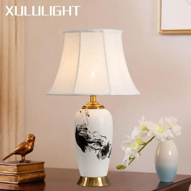 Retro Ceramic Table Lamp Bedside Lamps For The Bedroom Living Room Decoration Study White Desk Lamp Ink Painting Light Fixture