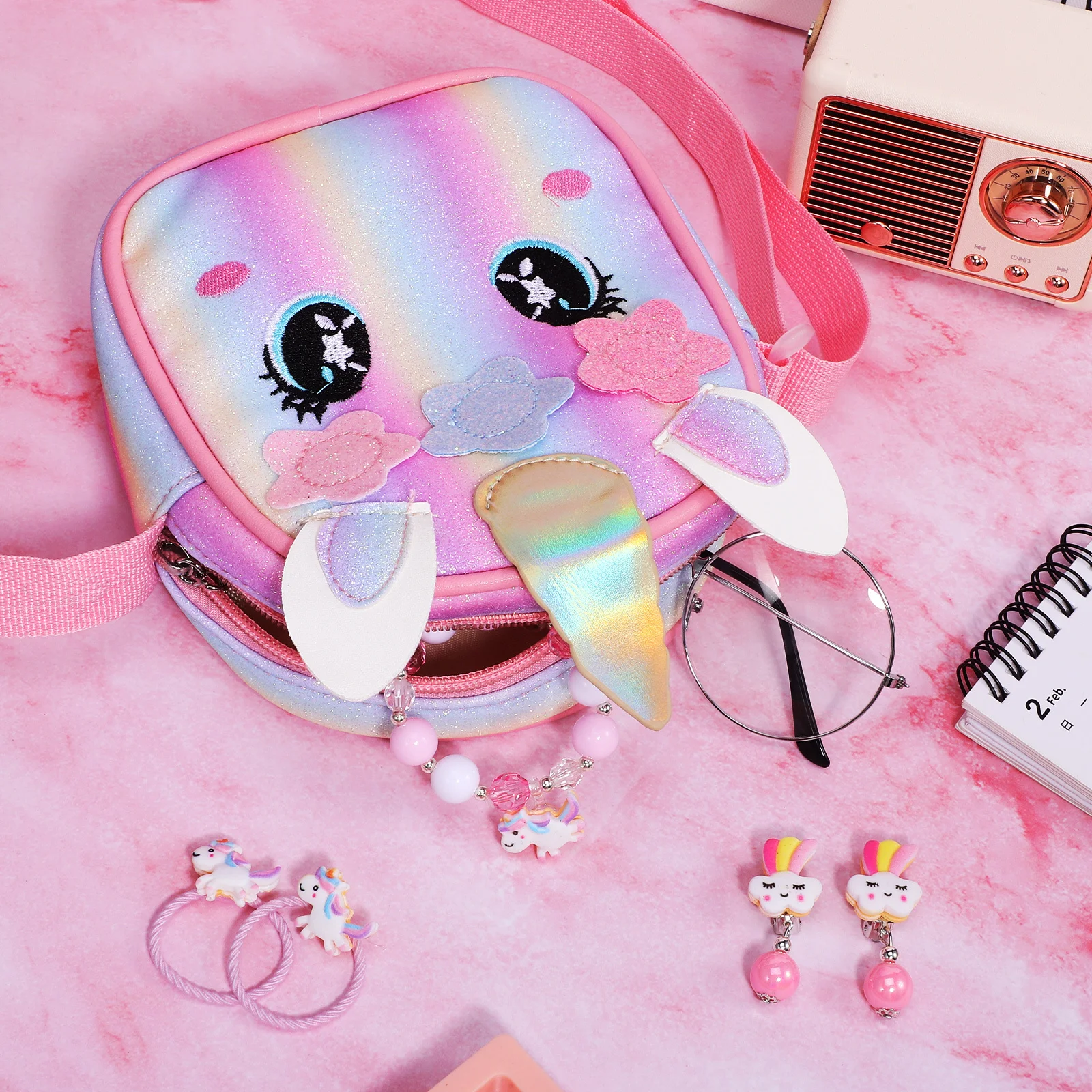 

1 комплект, кошелек с единорогом, милая сумка через плечо, маленький кошелек на молнии, сменное хранилище, ювелирные изделия с единорогом, браслет, аксессуары