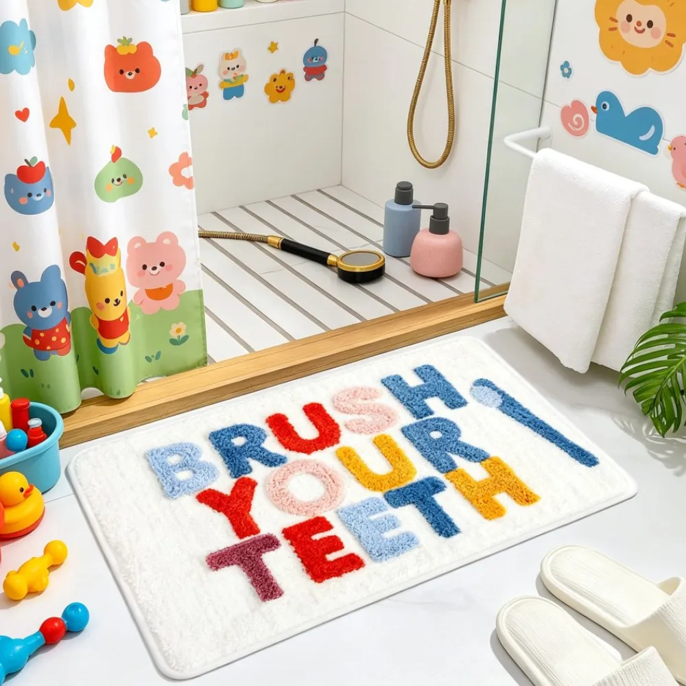 Kids Tufted Bath Rug Microfiber Non-Slip Mat 40x60cm 50x80cm Washable Absorbent Modern Bathroom Rug with Funny Letters Design