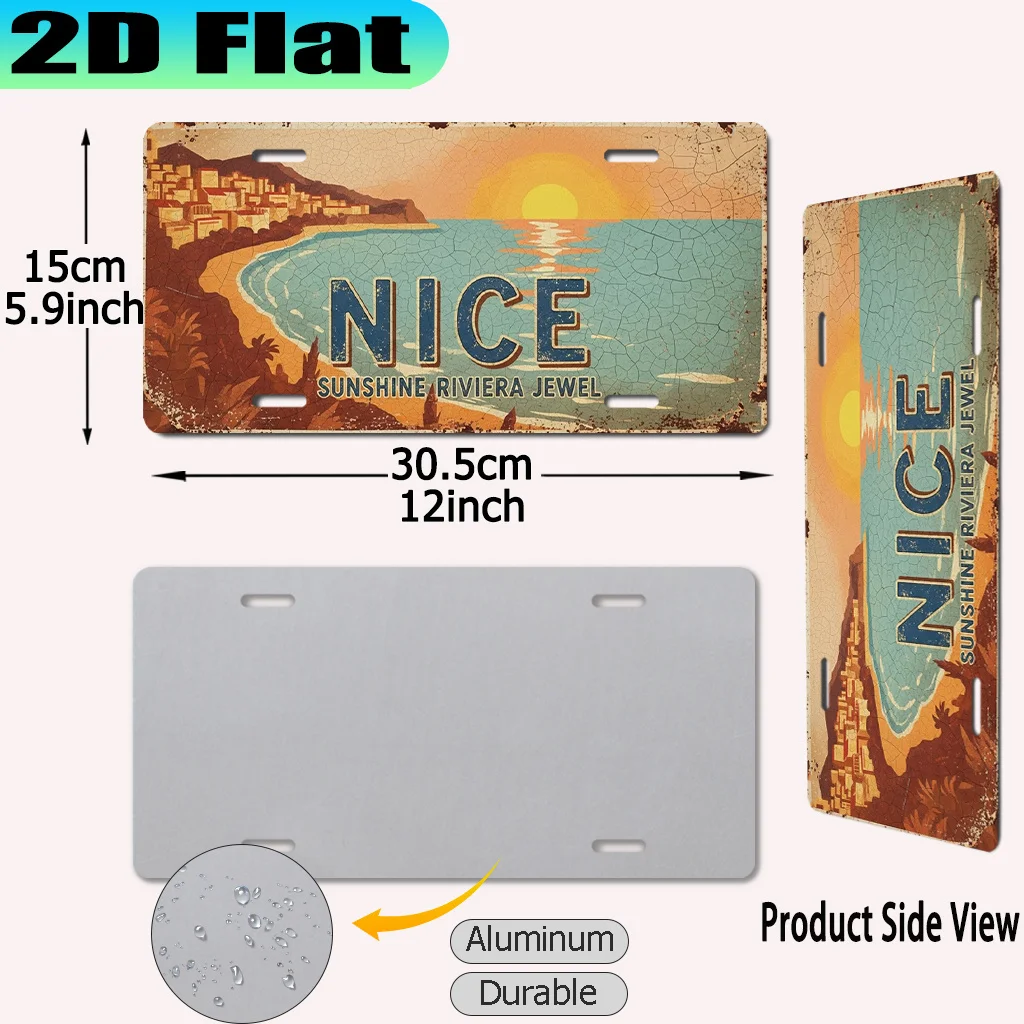 Nice Sunshine Riviera Jewel France 2D Flat Printing License Plate Style Metal Tin Sign, French Coastal City Themed Decorative Al