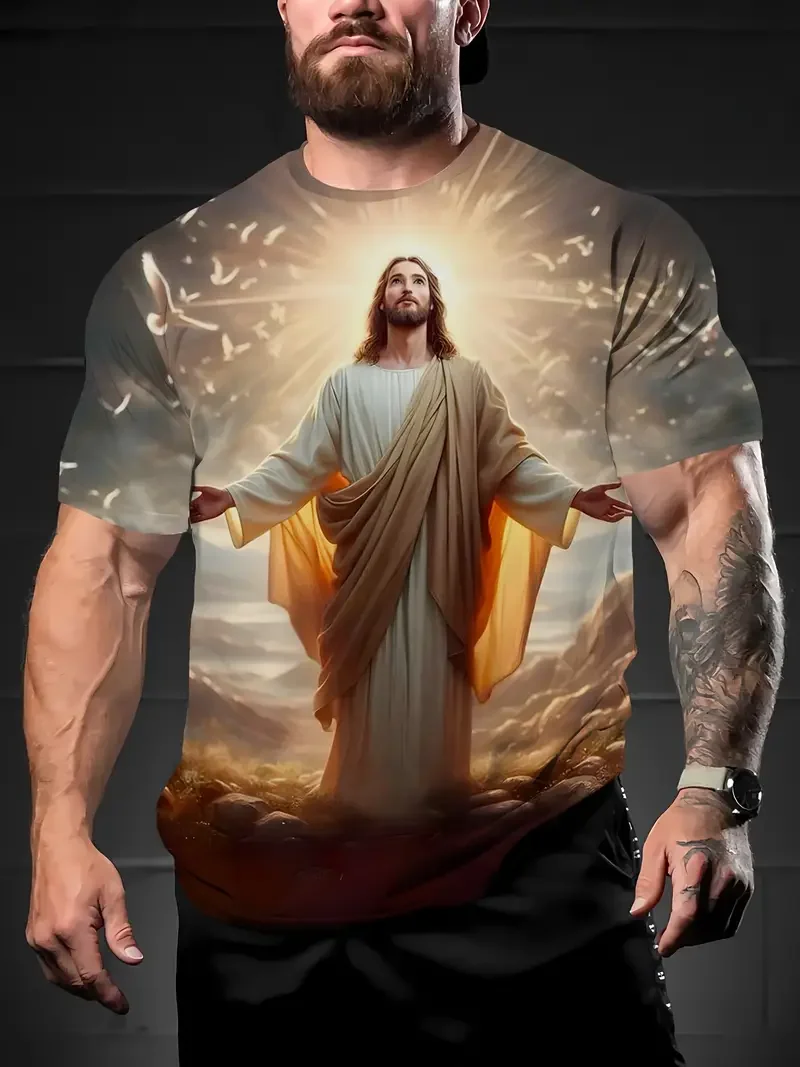 Summer Men\'s T-Shirt God Religion Christ Jesus Cross 3D Print Hip Hop Loose Short Sleeve Streetwear Oversized Vintage T Shirts