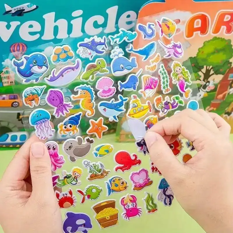 A Flipbook Featuring 6Themes with Reusable 3D Puffy Stickers Including Animals,Dinosaurs,Space, And Sea,Perfect for Scrapbooking