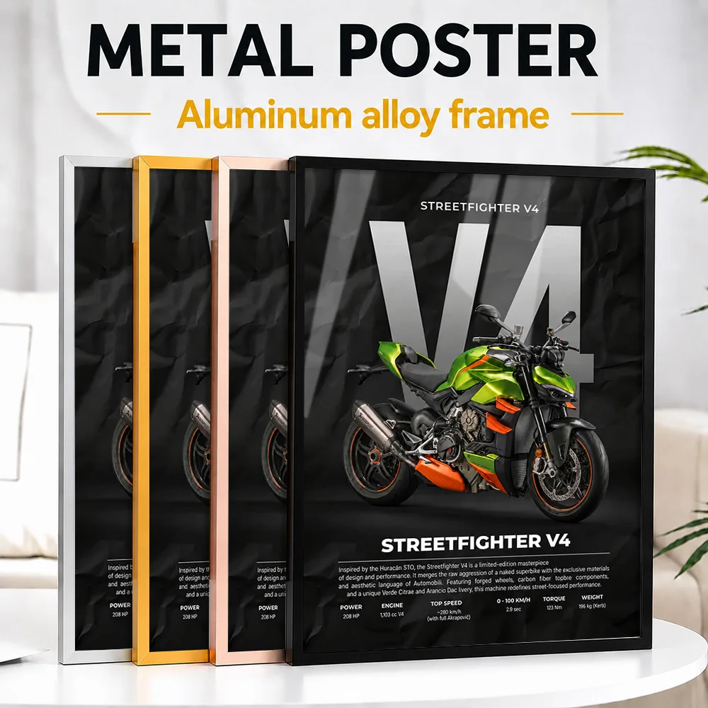 Italian V4 Motorcycle Green Accents Framed Metal Poster Personalized Minimalist Graphic Wall Art For Living Room Or Workshop