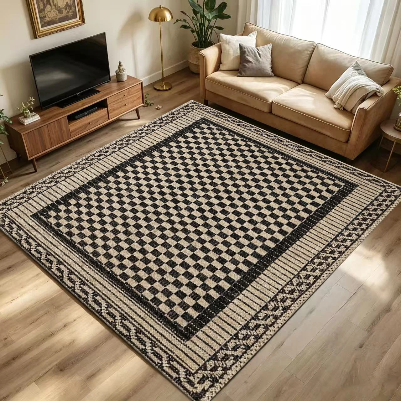 Black Beige Checkered Geometric Area Rug Modern Farmhouse Living Room Carpet Home Decor Floor Mat