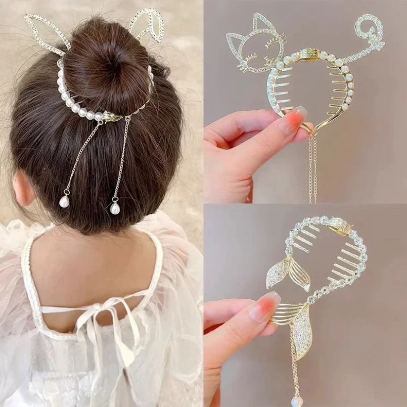 Shiny Angel Wing Animal Ears Baby Hair Clip, Elegant Tassel Pearl Hairpins, Ponytail Headband para Mulheres e Meninas, Kids Hair Accessories