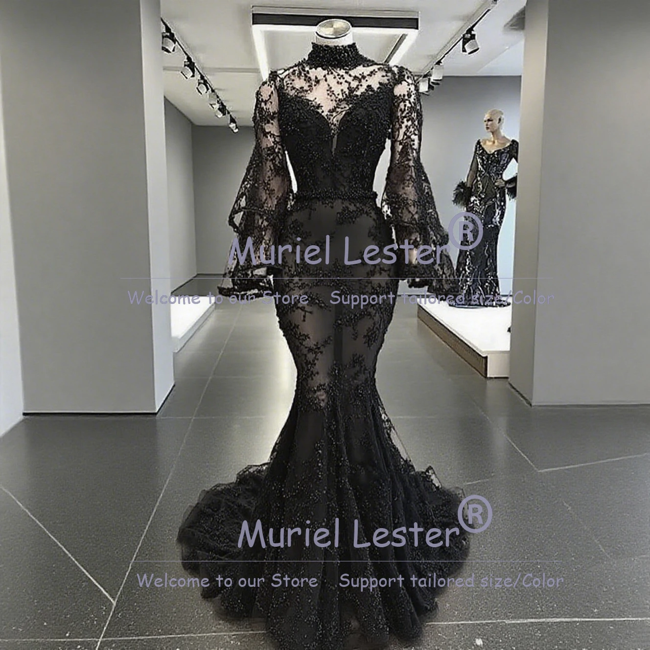 Unique Design High Neck Lace Prom Dresses For Bride Puffy Long Sleeves Mermaid Evening