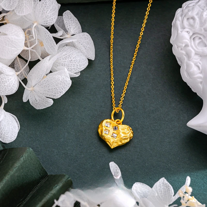 

Pure K18 Gold Color Heart Love Pendant with Zircon Necklace for Women's Bridal Girlfriend Jewelry Valentine's Day Not Fade