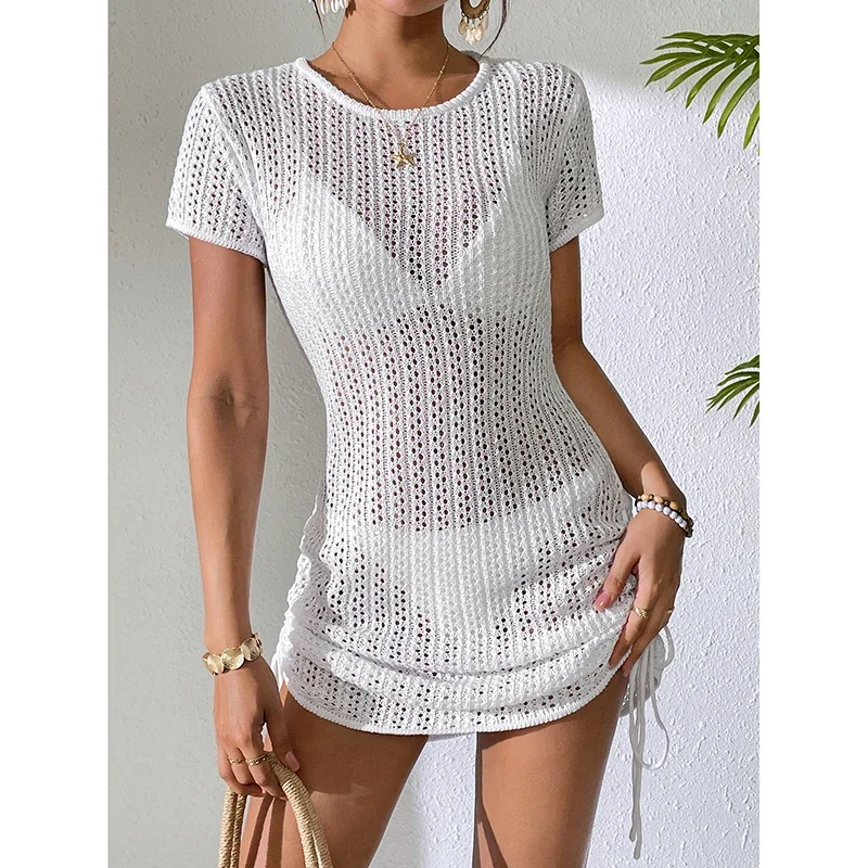 

Women Round Neck Short Sleeved Sexy Patchwork Suspender Drawstring Type Mid Waist Backless Elegant Temperament Dress Fashion New