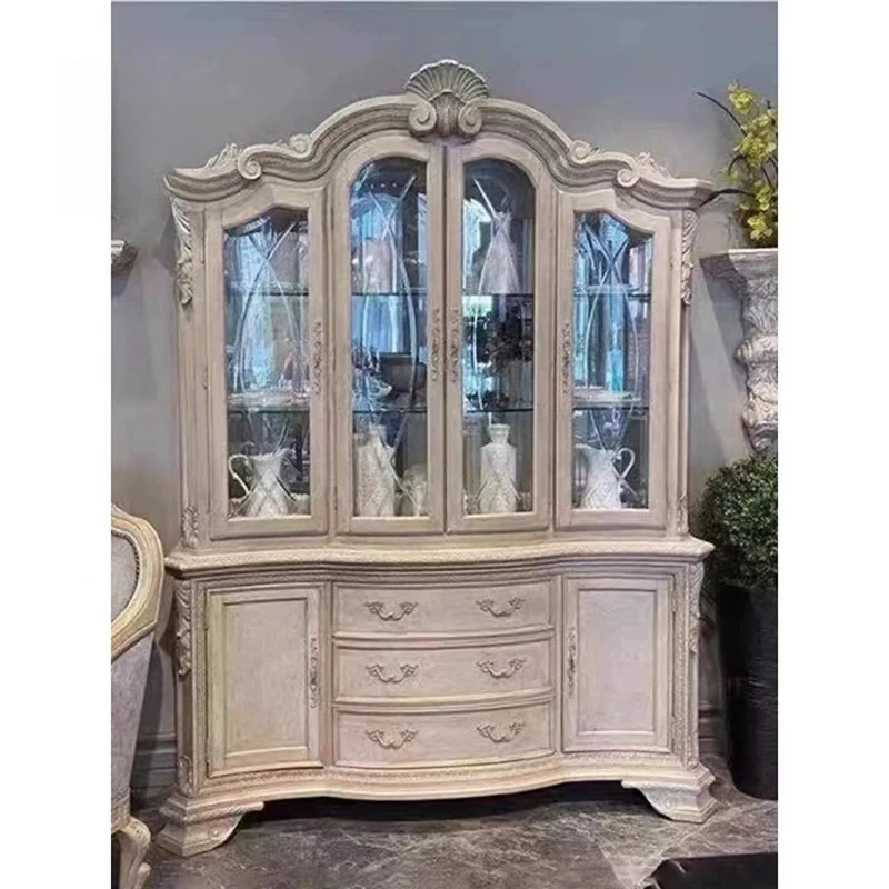 All solid wood wine cabinet architectural reviva antique porcelain cabinet French light luxury arched glass door display cabinet
