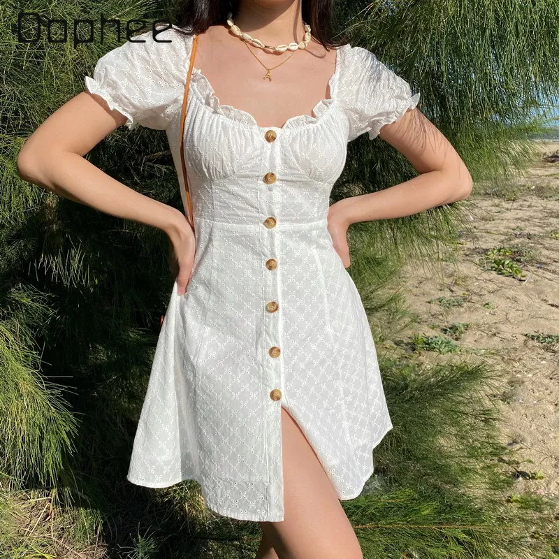 

Summer French White Lace Short Dress Women Elegant Short Puff Sleeve A-line Single-breasted Ruffles Mini Dress Party Beach