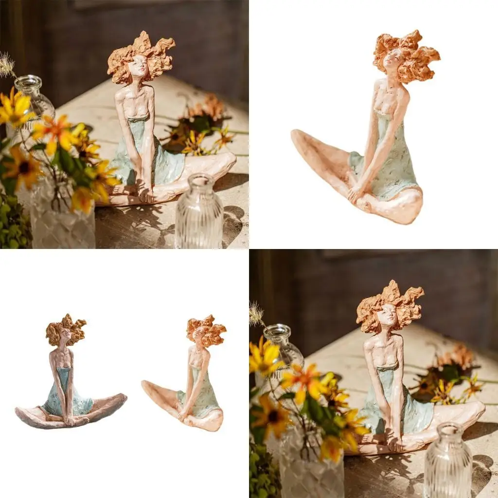 F19B Creative Sitting Girl Figurine Resin Home Decors Statue, Seated Female Tabletop Sculpture for Living Room, Bedroom and