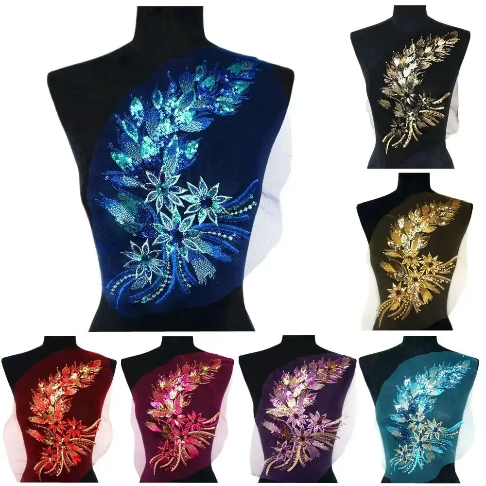 Blue Black Gold Sequined Embroidery Patches Lace Trims Mesh DIY Lace Fabrics Applique Clothing Applique